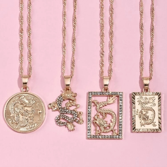 GOLD 4 PIECE DRAGON CHARMS ROPE CHAIN LAYERED NECKLACE SET SEXY RETRO LUXURY - Picture 2 of 3